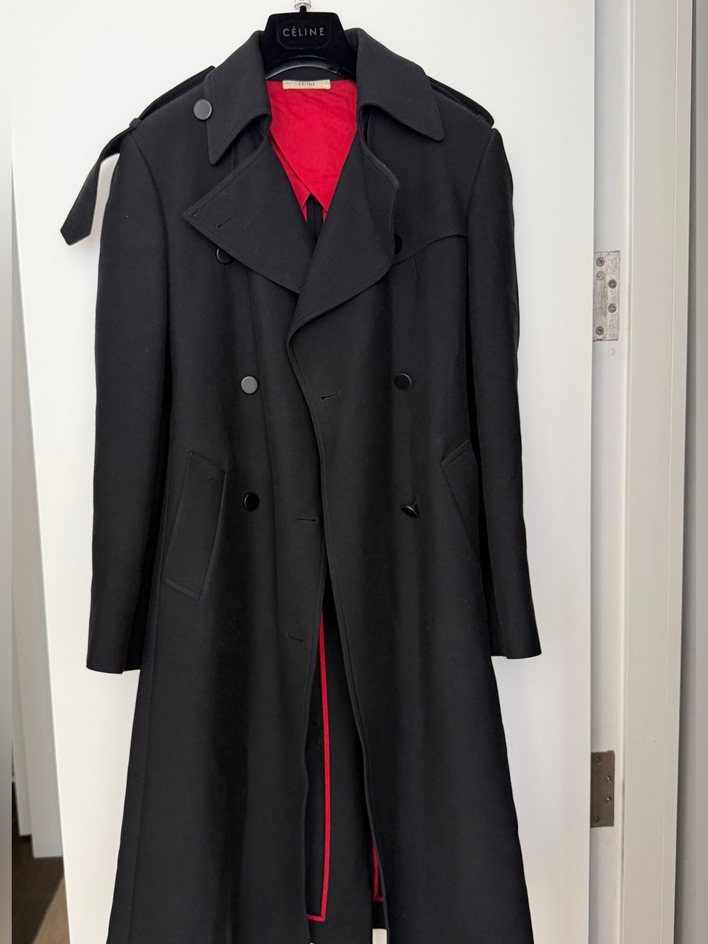 Celine Classic Black Trench Coat with Red Lining
